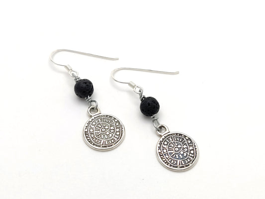 Sterling Silver 925 Dangle Earrings Ancient Greek Minoan Phaistos Disc 14mm & Volcanic Lava 6mm, Griechische Silber Ohrringe, Bijoux Grecque
