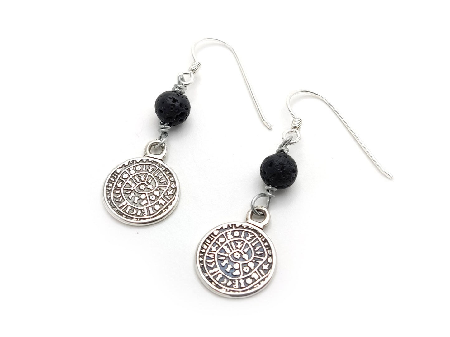 Sterling Silver 925 Dangle Earrings Ancient Greek Minoan Phaistos Disc 14mm & Volcanic Lava 6mm, Griechische Silber Ohrringe, Bijoux Grecque