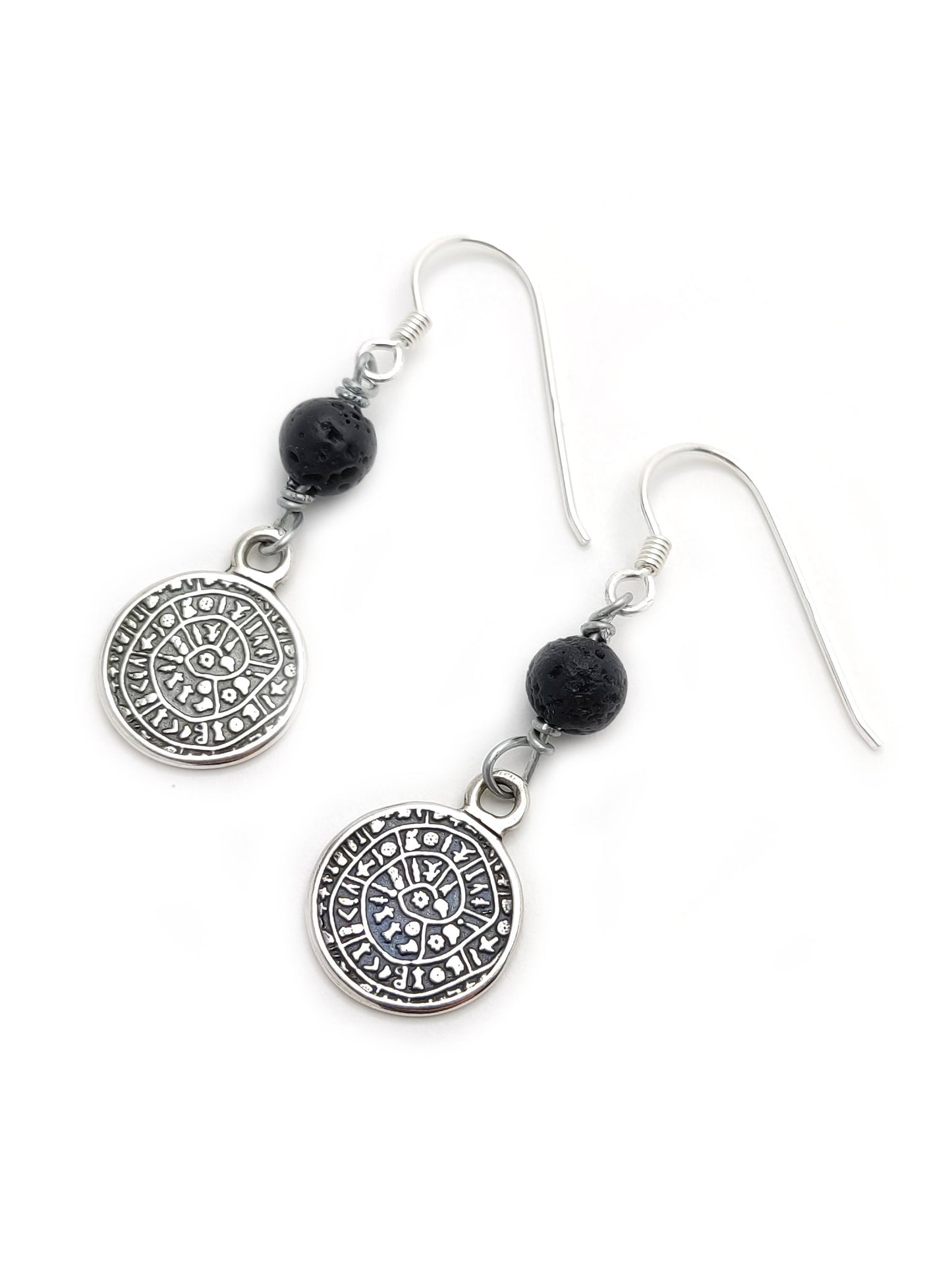 Sterling Silver 925 Dangle Earrings Ancient Greek Minoan Phaistos Disc 14mm & Volcanic Lava 6mm, Griechische Silber Ohrringe, Bijoux Grecque