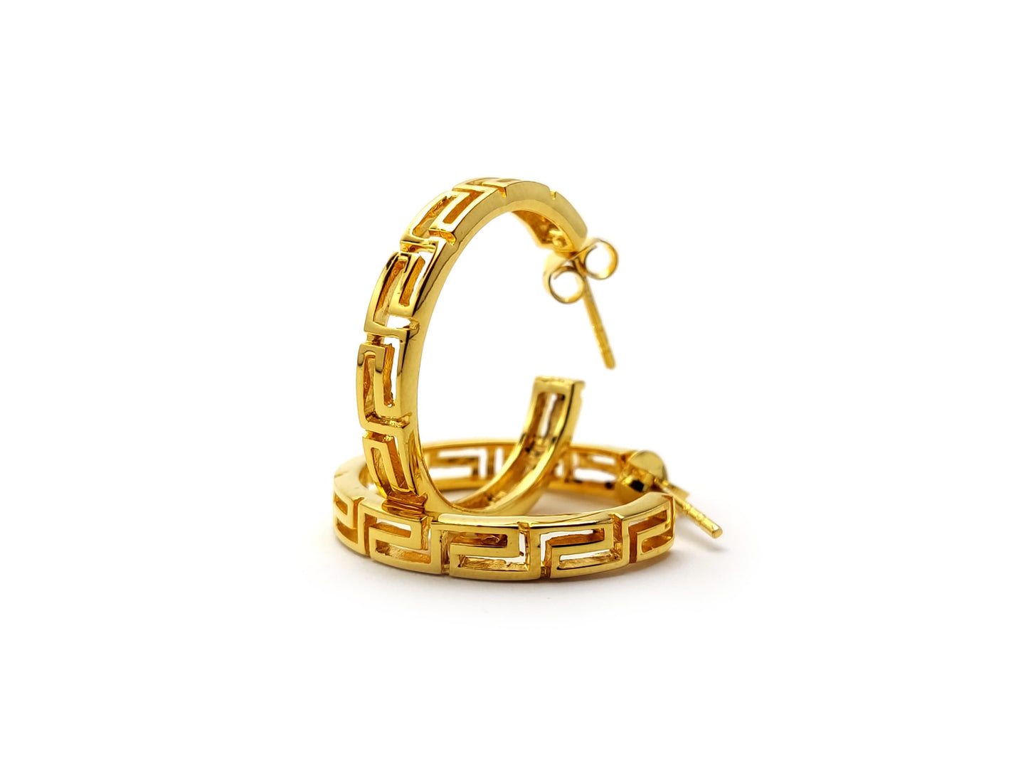 Sterling Silver 925 Greek Earrings , Greek Eternity Key Gold Plated Hoop Earrings 30mm , Griechische Ohrringe ,Boucles d'oreilles grecques