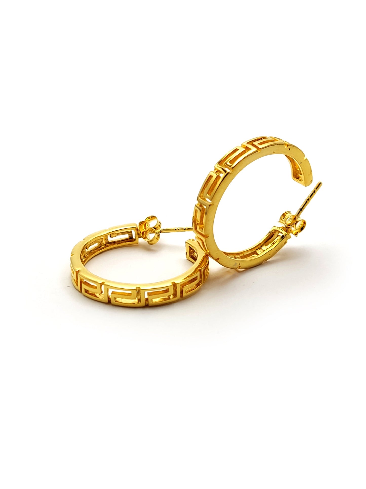 Sterling Silver 925 Greek Earrings , Greek Eternity Key Gold Plated Hoop Earrings 30mm , Griechische Ohrringe ,Boucles d'oreilles grecques