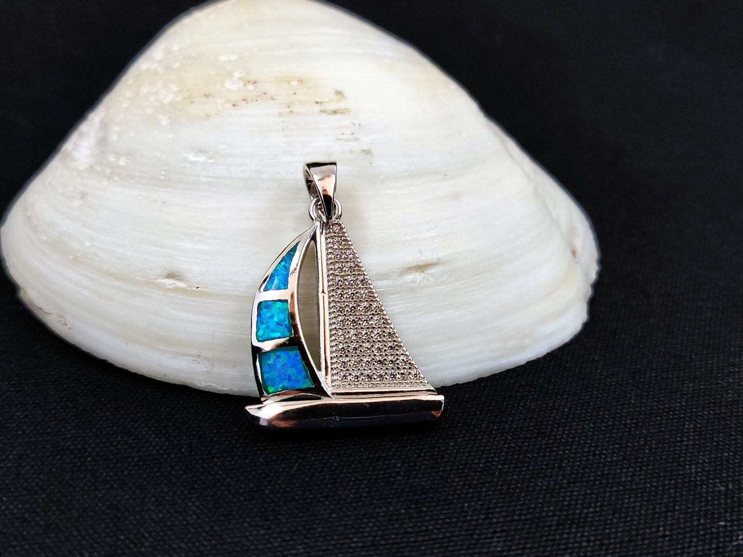 Sterling Silver 925 Blue Opal Greek Sail Boat Pendant 24x19mm, Opal Sail Boat Pendant, Greek Jewelry, Griechischer Opal Anhanger, Grecque