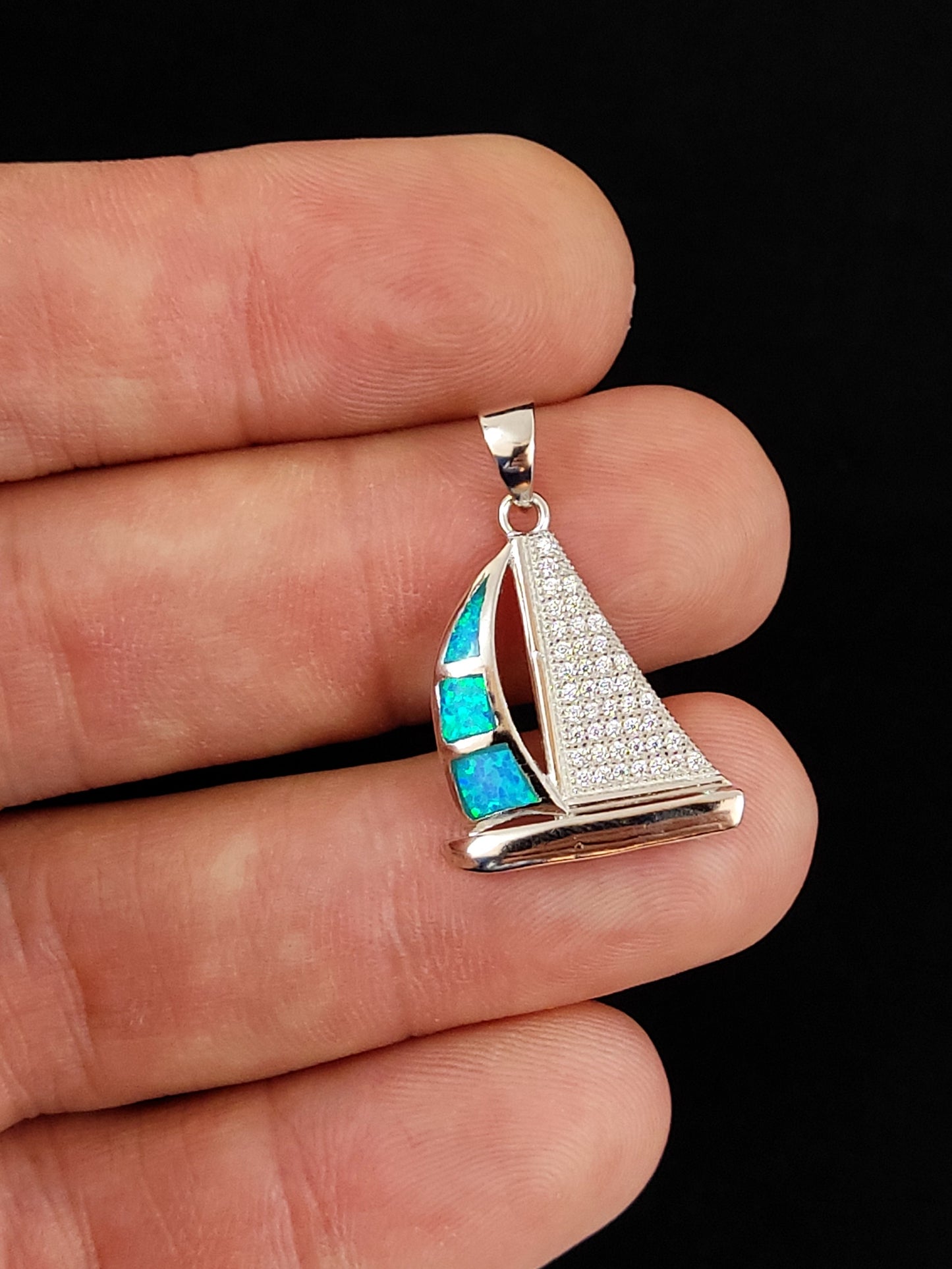 Sterling Silver 925 Blue Opal Greek Sail Boat Pendant 24x19mm, Opal Sail Boat Pendant, Greek Jewelry, Griechischer Opal Anhanger, Grecque