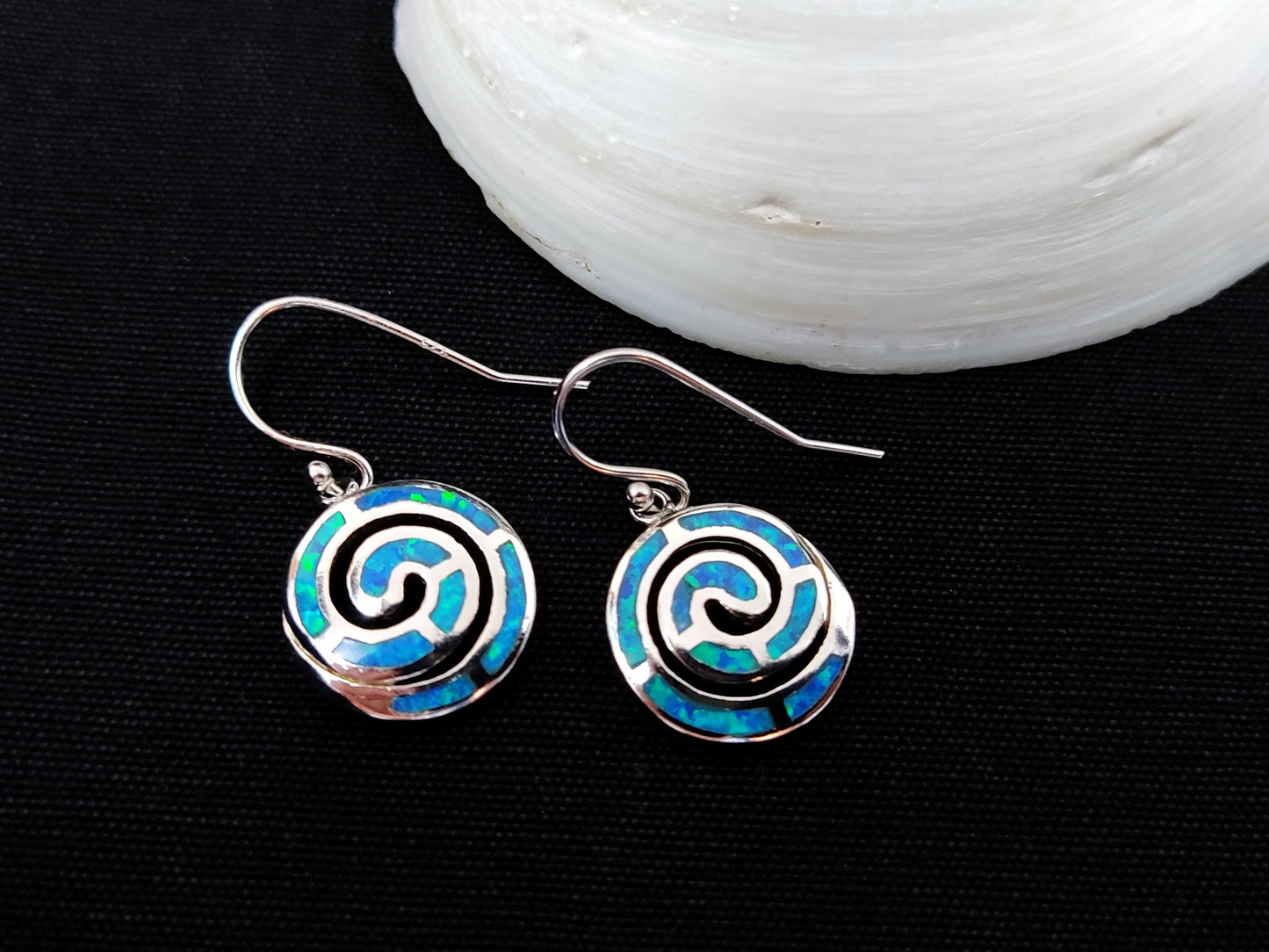Sterling Silver 925 Greek Spiral Fire Blue Opal Dangle Earrings 15mm, Greek Opal Spiral Earrings, Greek Jewelry, Griechischer Opal Ohrringe