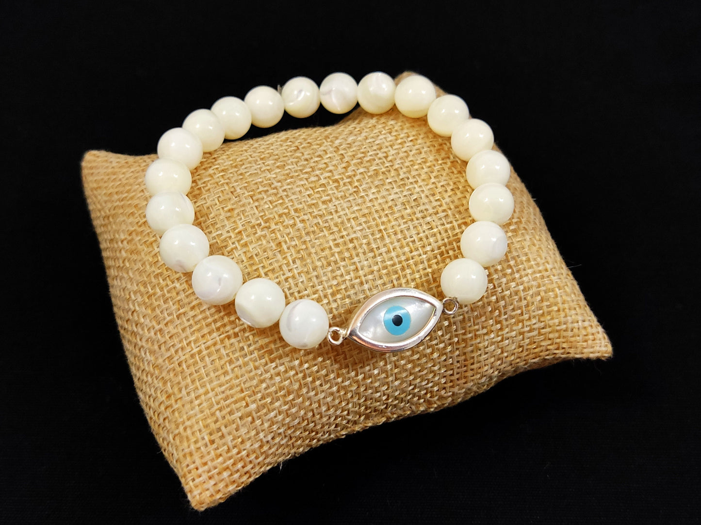 Sterling Silver 925 Greek Evil Eye 18x10mm & Mother Of Pearl Stones 8mm, Evil Eye Bracelet, Greek Bracelet, Griechischer Blau Auge Shmuck