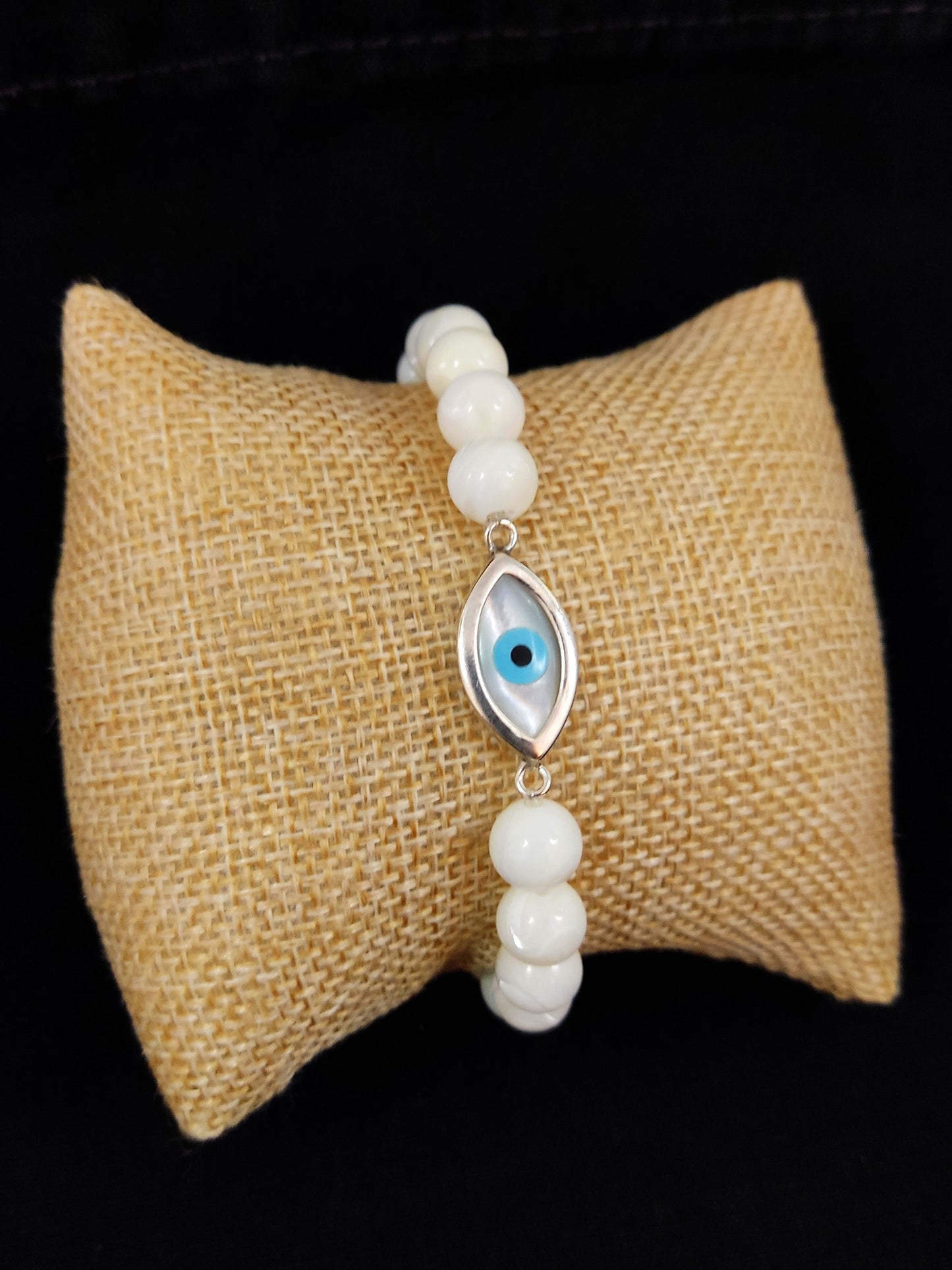 Sterling Silver 925 Greek Evil Eye 18x10mm & Mother Of Pearl Stones 8mm, Evil Eye Bracelet, Greek Bracelet, Griechischer Blau Auge Shmuck