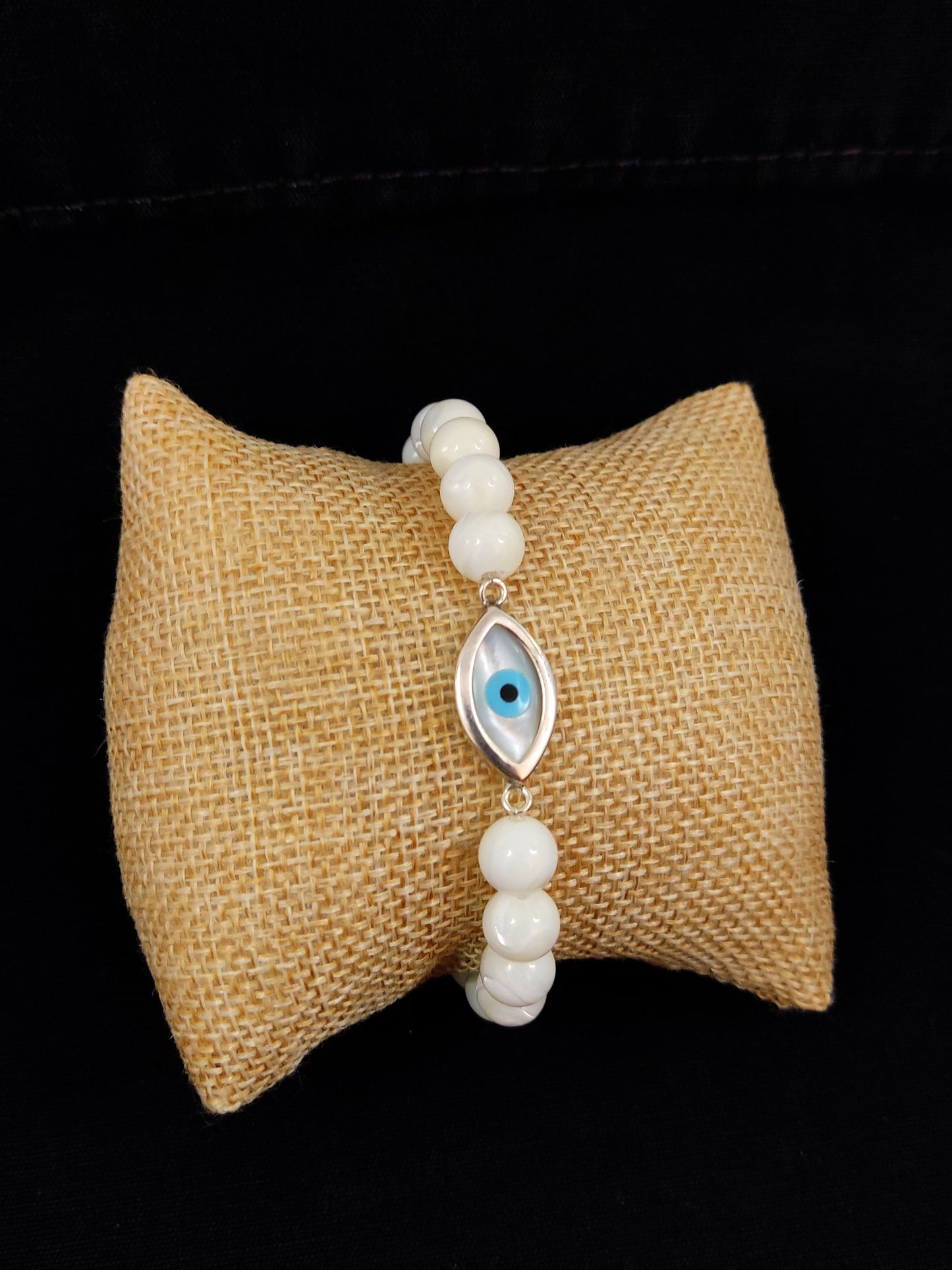 Sterling Silver 925 Greek Evil Eye 18x10mm & Mother Of Pearl Stones 8mm, Evil Eye Bracelet, Greek Bracelet, Griechischer Blau Auge Shmuck