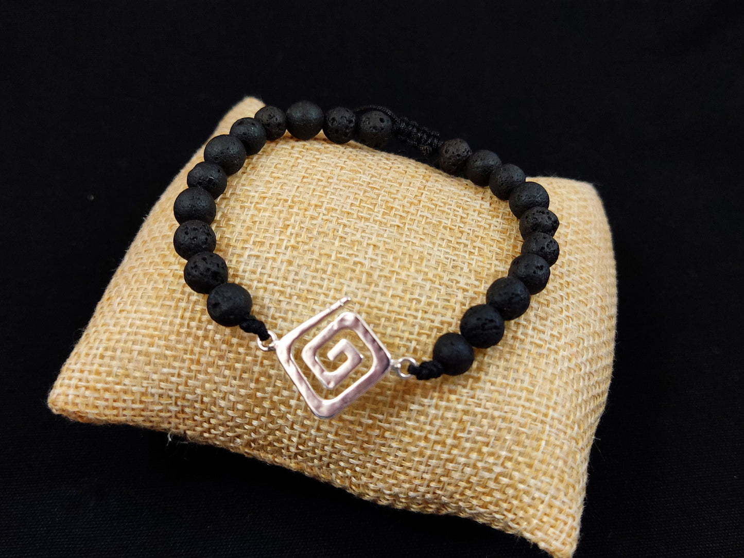 Silver 925 Hammered Greek Key & Volcanic Lava Stones 6mm Bracelet, Greek Jewelry Shop, Jewelry From Greece, Griechischer Silber Armband