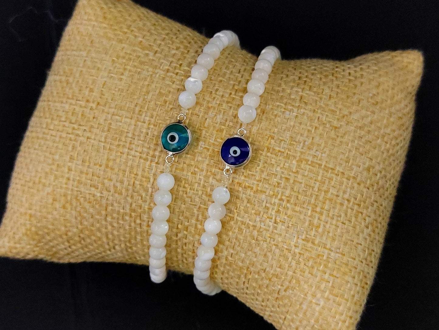 Sterling Silver 925 Greek Blue Evil Eye & Natural Mother Of Pearl Stones 4mm, Evil Eye Bracelet, Greek Bracelet, Griechischer Blau Auge Mati