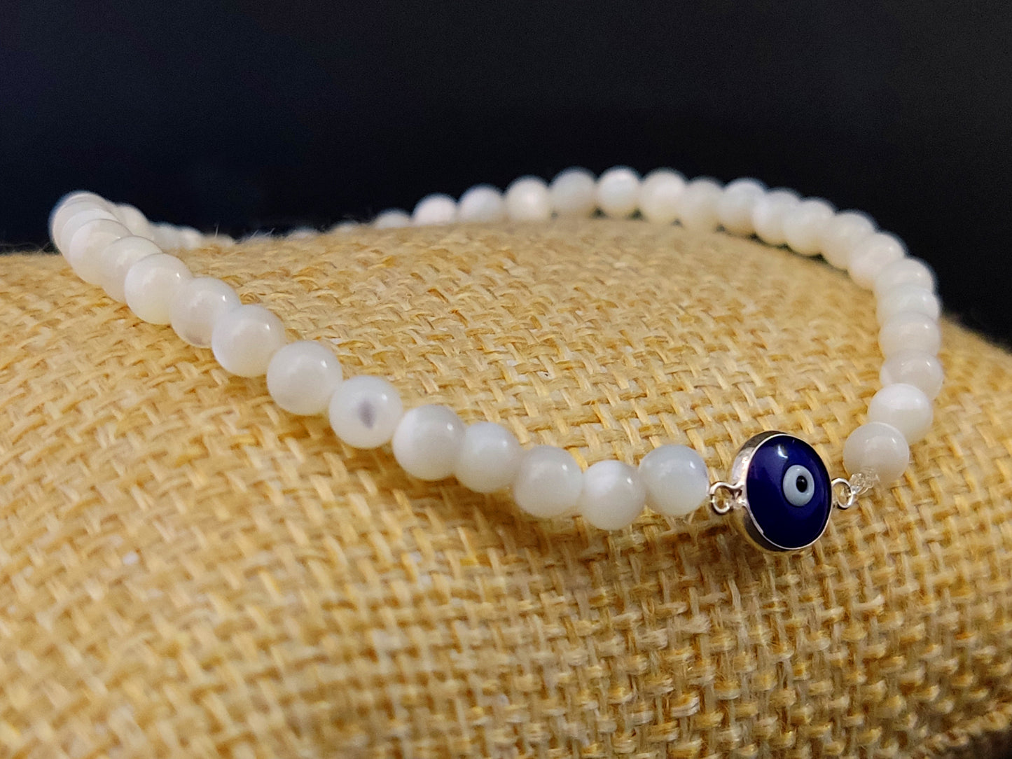 Sterling Silver 925 Greek Blue Evil Eye & Natural Mother Of Pearl Stones 4mm, Evil Eye Bracelet, Greek Bracelet, Griechischer Blau Auge Mati