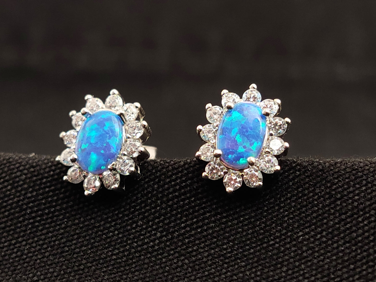 Sterling Silver 925 Oval Rosetta Blue Opal Small Stud Earrings 9x10mm, Opal Crystals Earrings, Griechisches Silber Ohrringe Bijoux Grecque
