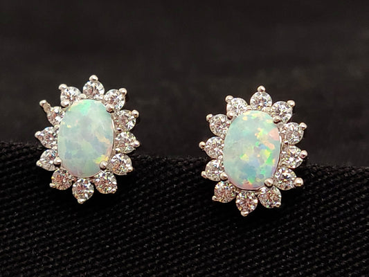 Sterling Silver 925 Oval Rosetta White Opal Small Stud Earrings 9x10mm, Opal Crystals Earrings, Griechisches Silber Ohrringe  Bijoux Grecque