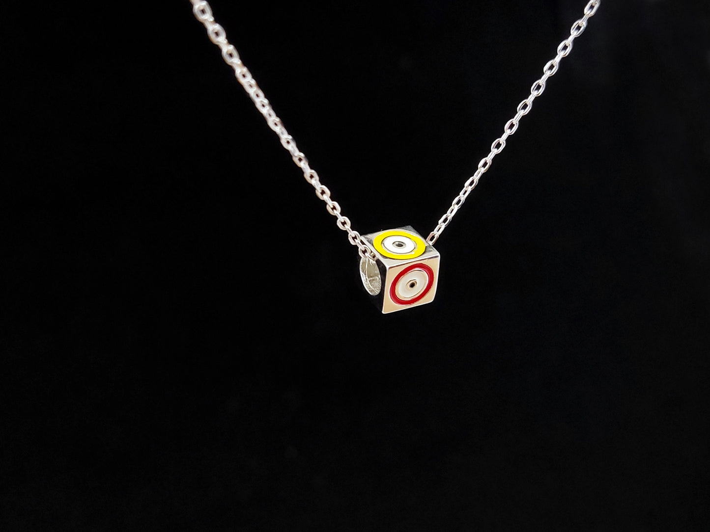 Sterling Silver 925 Cube Multicolor Good Luck Blue Evil Eye Chain Pendant Necklace, Griechischer Silber Kette, Bijoux Grecque, Greek Jewelry