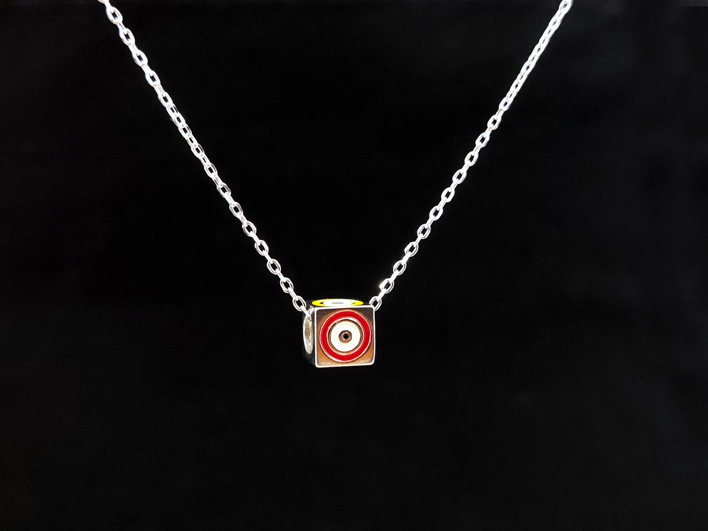 Sterling Silver 925 Cube Multicolor Good Luck Blue Evil Eye Chain Pendant Necklace, Griechischer Silber Kette, Bijoux Grecque, Greek Jewelry