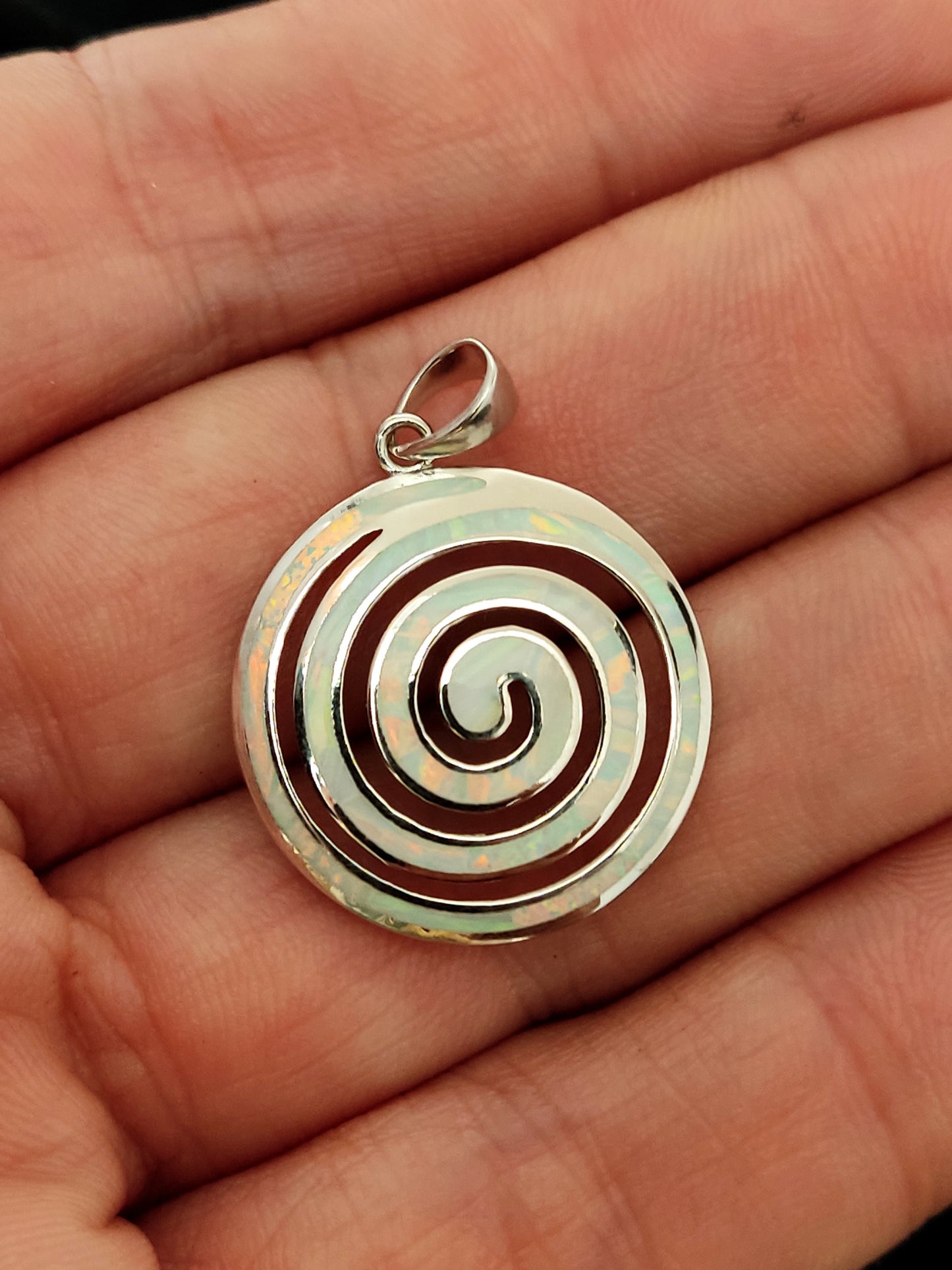 Sterling Silver 925 Greek Spiral Fire White Opal Pendant 25mm, Greek Opal Spiral Pendant, Greek Jewelry, Griechischer Opal Anhanger, Grecque