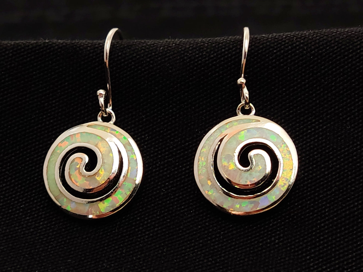 Sterling Silver 925 Greek Spiral Fire White Opal Dangle Earrings 15mm, Greek Opal Spiral Earrings, Greek Jewelry, Griechischer Opal Ohrringe