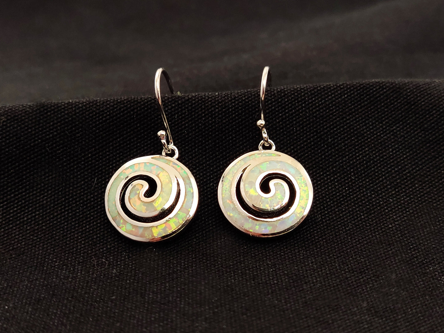 Sterling Silver 925 Greek Spiral Fire White Opal Dangle Earrings 15mm, Greek Opal Spiral Earrings, Greek Jewelry, Griechischer Opal Ohrringe