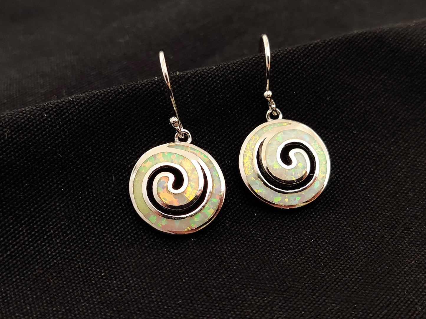 Sterling Silver 925 Greek Spiral Fire White Opal Dangle Earrings 15mm, Greek Opal Spiral Earrings, Greek Jewelry, Griechischer Opal Ohrringe