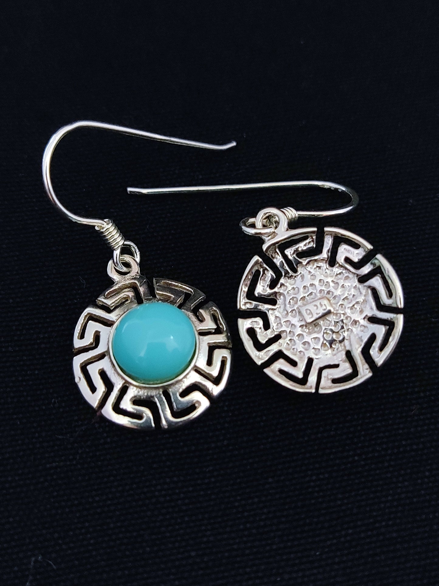 Sterling Silver 925 Ancient Greek Meander Key Fire Turquoise Color Stones Dangle Earrings 16mm, Griechische Ohrringe, Griechische Schmuck