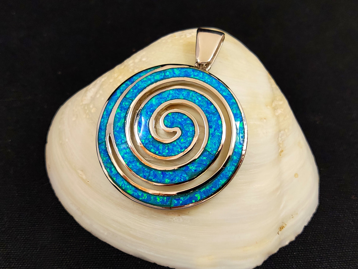Sterling Silver 925 Greek Spiral Fire Blue Opal BIG Pendant 35mm, Greek Spiral Pendant, Greek Jewelry, Griechischer Opal Anhanger, Grecque