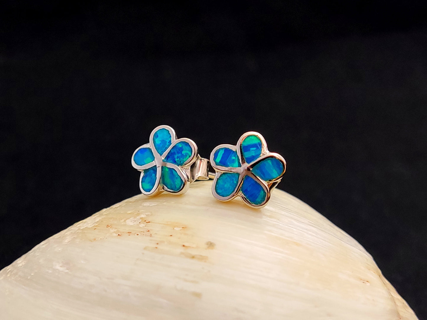 Sterling Silver 925 Flower Fire Blue Opal Stud Small Earrings 10mm, Opal Hearts Earrings, Greek Kids Women Jewelry, Griechische Ohrringe