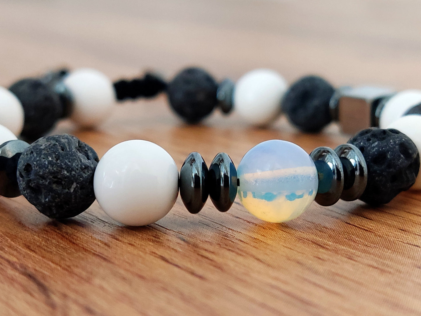 Volcanic Rough Matt Lava - White Onyx - Moonstone 8mm Stones Adjustable Macrame Bracelet, Black White Stones Bracelet, Men Women Bracelet,