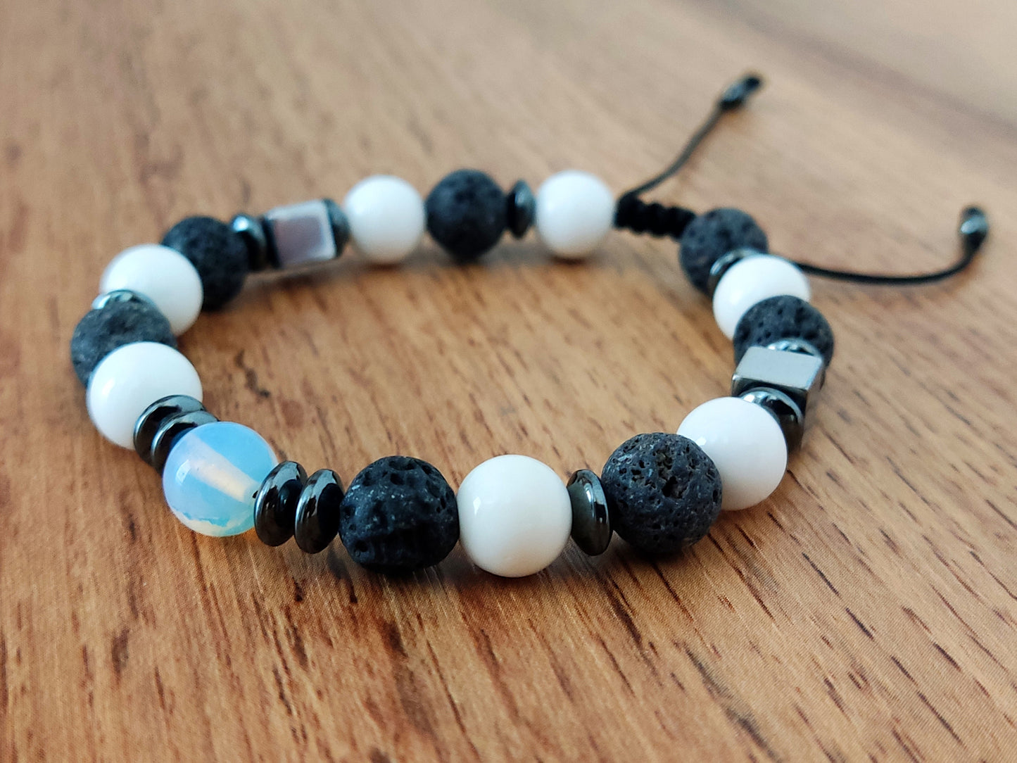 Volcanic Rough Matt Lava - White Onyx - Moonstone 8mm Stones Adjustable Macrame Bracelet, Black White Stones Bracelet, Men Women Bracelet,