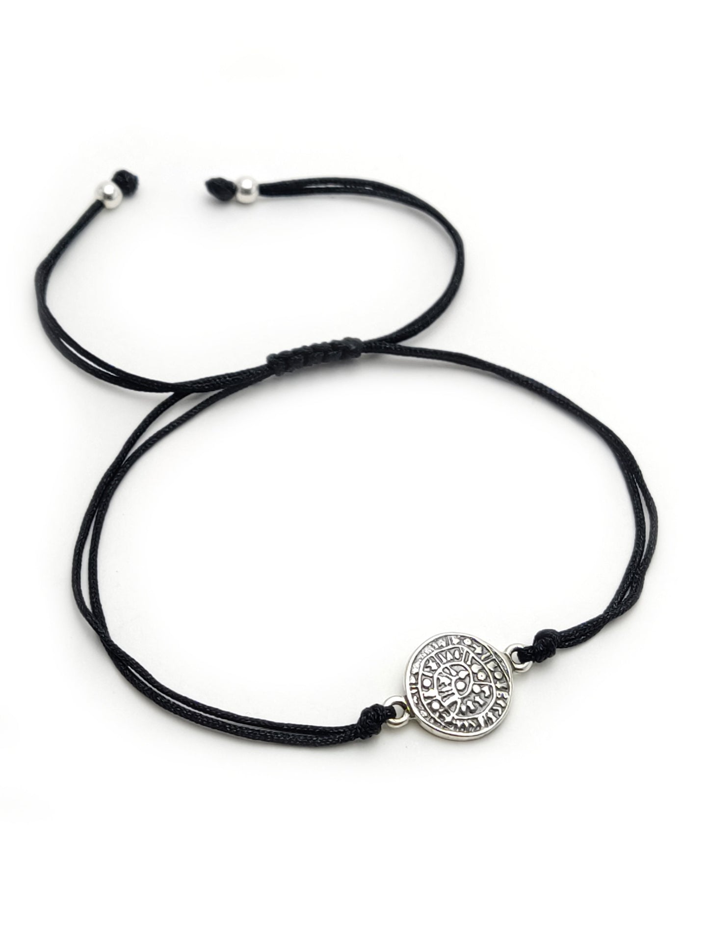 Sterling Silver 925 Ancient Greek Minoan Phaistos Disc 10mm Black Cord Adjustable Bracelet , Phaistos Disc Armband, Bijoux Grecque