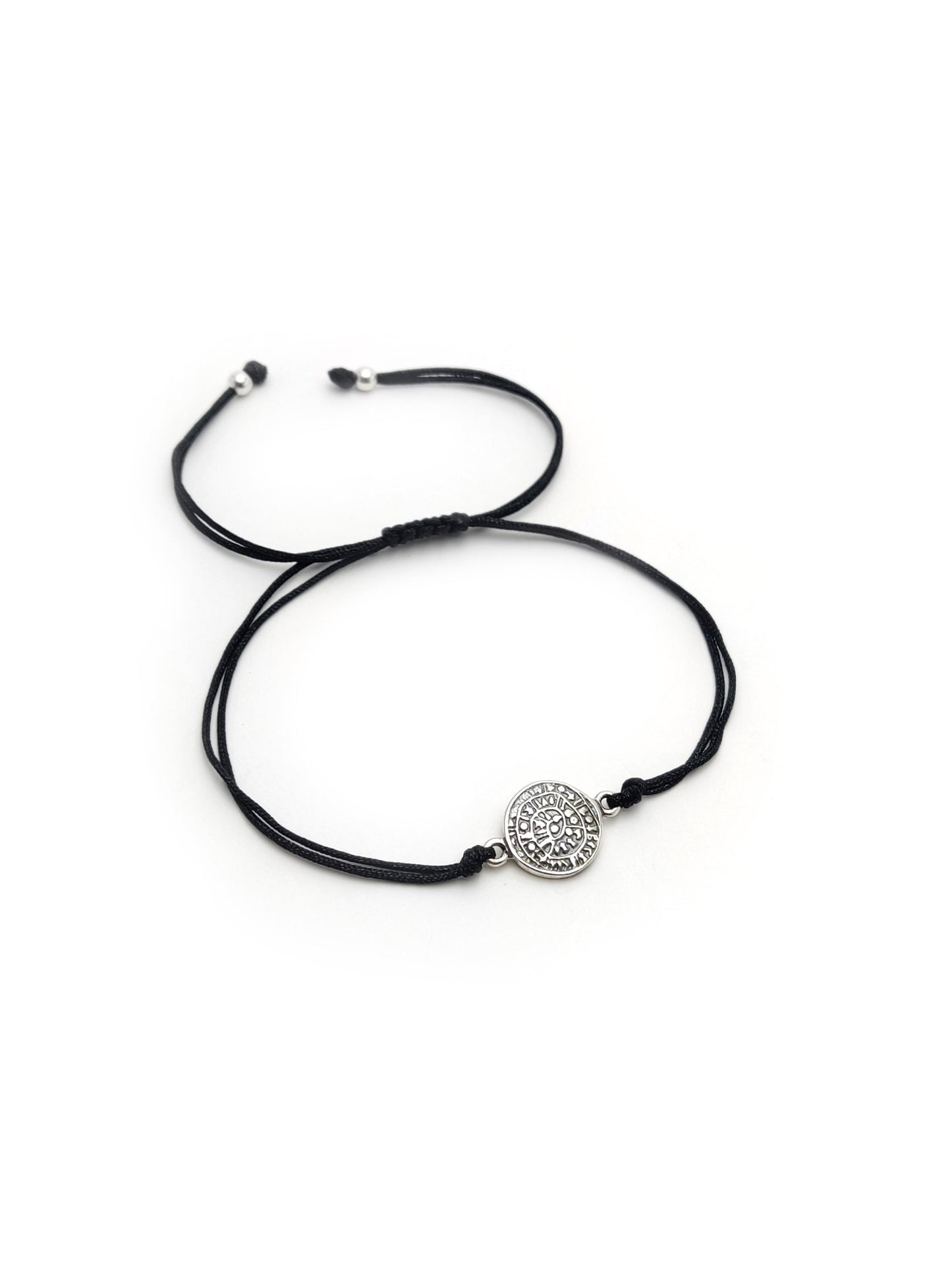 Sterling Silver 925 Ancient Greek Minoan Phaistos Disc 10mm Black Cord Adjustable Bracelet , Phaistos Disc Armband, Bijoux Grecque