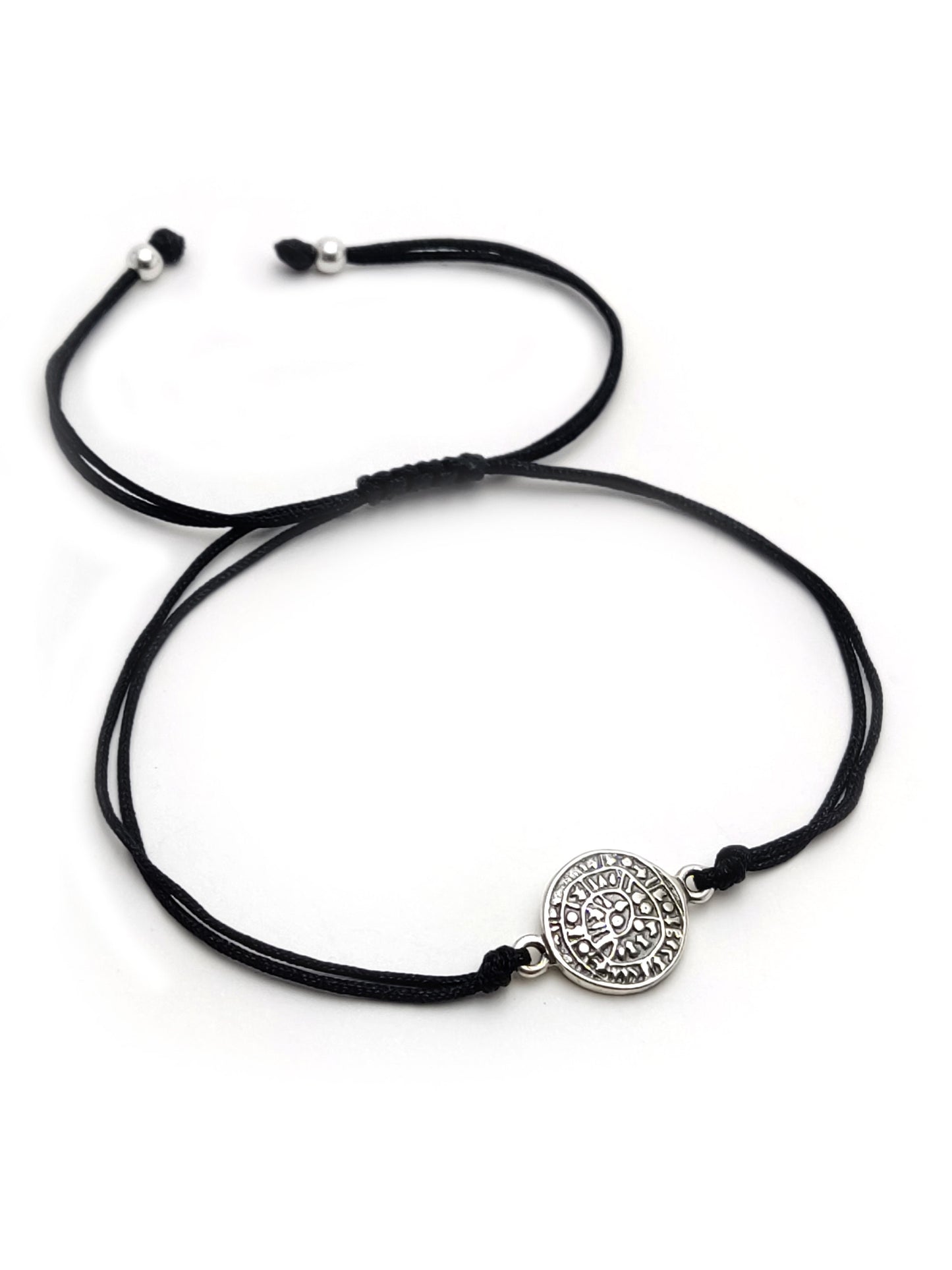 Sterling Silver 925 Ancient Greek Minoan Phaistos Disc 10mm Black Cord Adjustable Bracelet , Phaistos Disc Armband, Bijoux Grecque