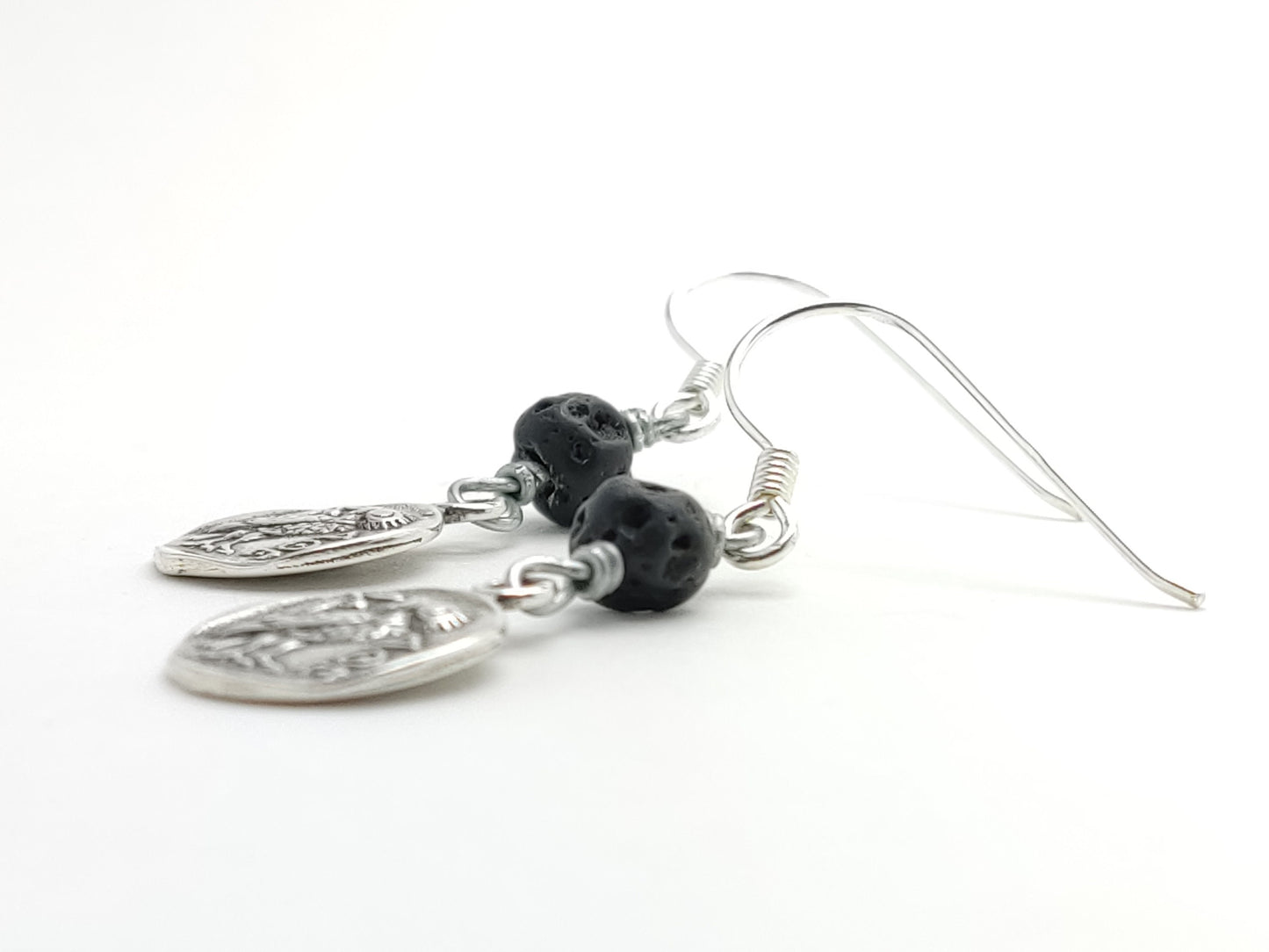 Sterling Silver 925 Ancient Greek Goddess Athena's Wise Owl Earrings 13mm Volcanic Lava 6mm, Griechische Silber Ohrringe Eule, Owl Earrings