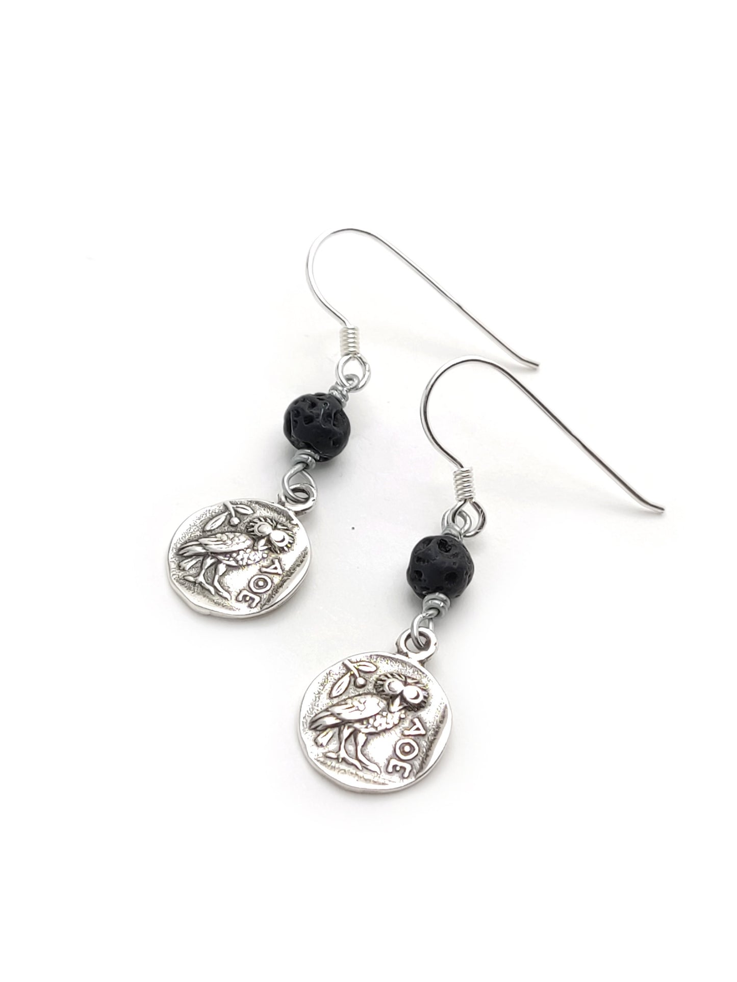 Sterling Silver 925 Ancient Greek Goddess Athena's Wise Owl Earrings 13mm Volcanic Lava 6mm, Griechische Silber Ohrringe Eule, Owl Earrings