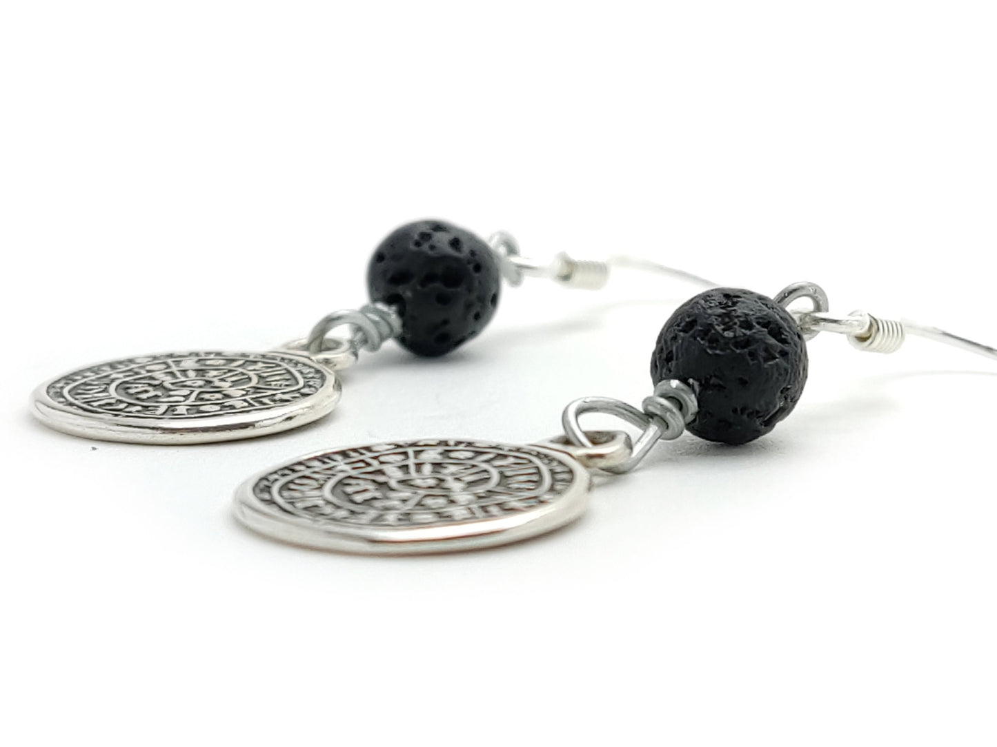 Sterling Silver 925 Dangle Earrings Ancient Greek Minoan Phaistos Disc 14mm & Volcanic Lava 6mm, Griechische Silber Ohrringe, Bijoux Grecque