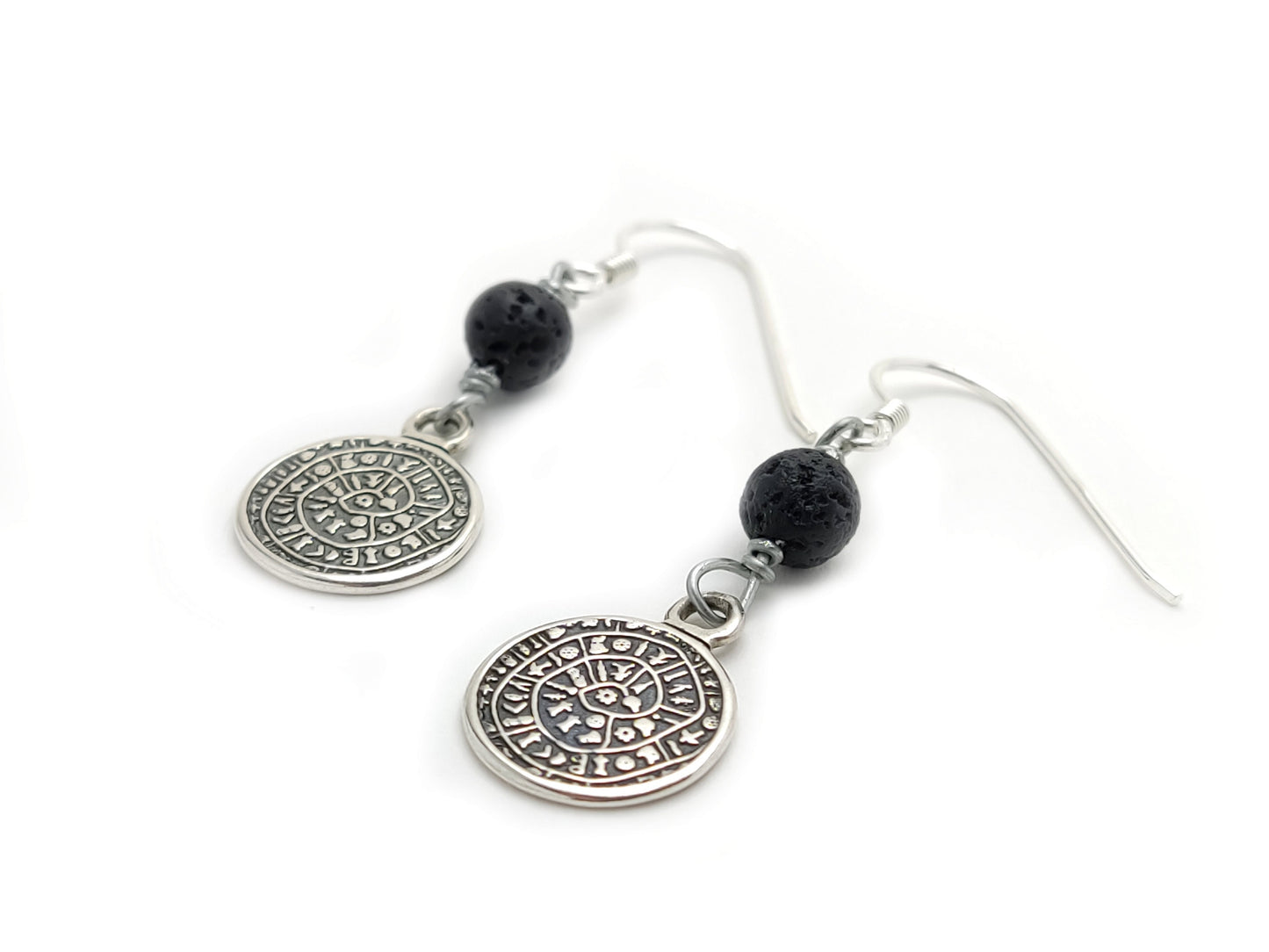 Sterling Silver 925 Dangle Earrings Ancient Greek Minoan Phaistos Disc 14mm & Volcanic Lava 6mm, Griechische Silber Ohrringe, Bijoux Grecque