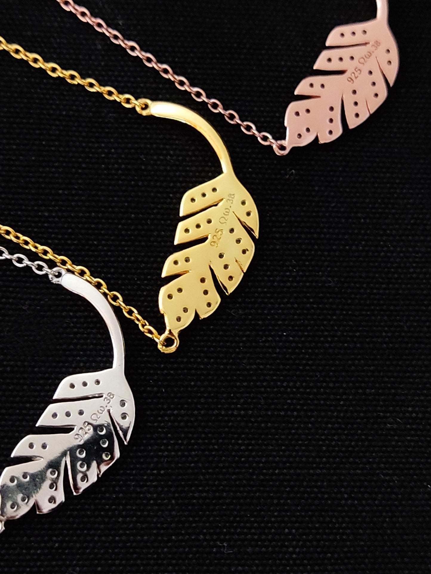 Sterling Silver 925 Silver-Gold-Rose Gold Small Cubic Zirconia Crystals Leaf Necklace, Tiny Leaf Pendant 8x25mm, Minimalist Necklace Jewelry