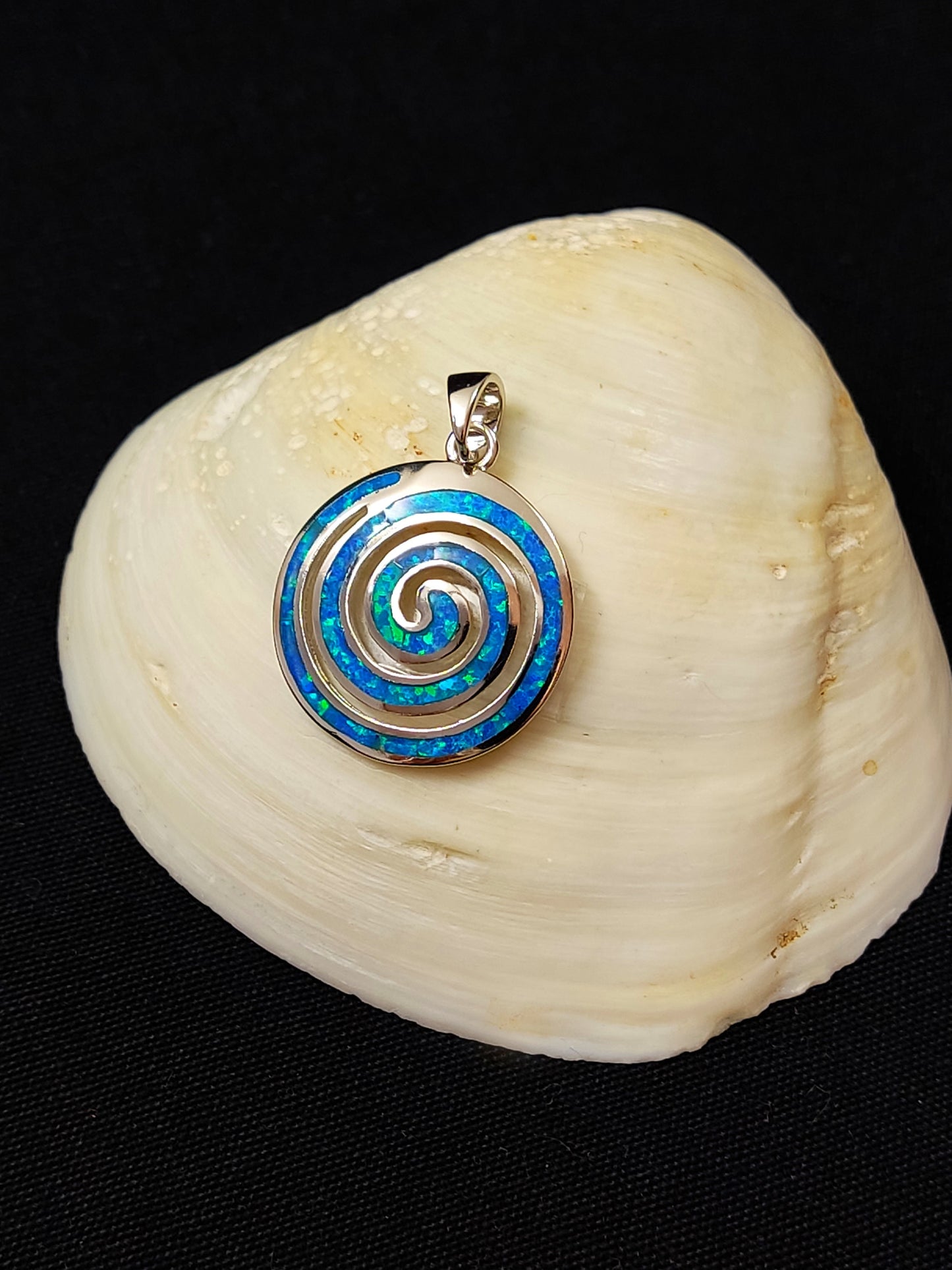 Sterling Silver 925 Greek Spiral Fire Blue Opal Pendant 25mm, Greek Opal Spiral Pendant, Greek Jewelry, Griechischer Opal Anhanger, Grecque