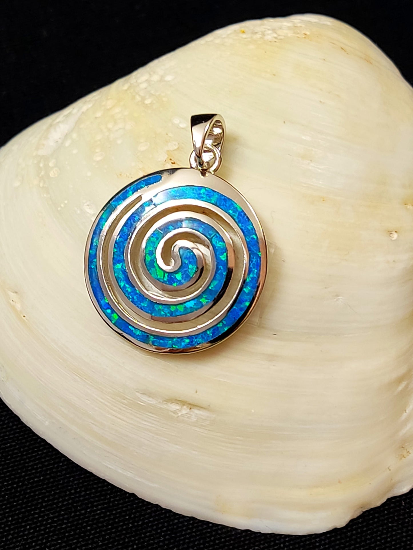 Sterling Silver 925 Greek Spiral Fire Blue Opal Pendant 25mm, Greek Opal Spiral Pendant, Greek Jewelry, Griechischer Opal Anhanger, Grecque