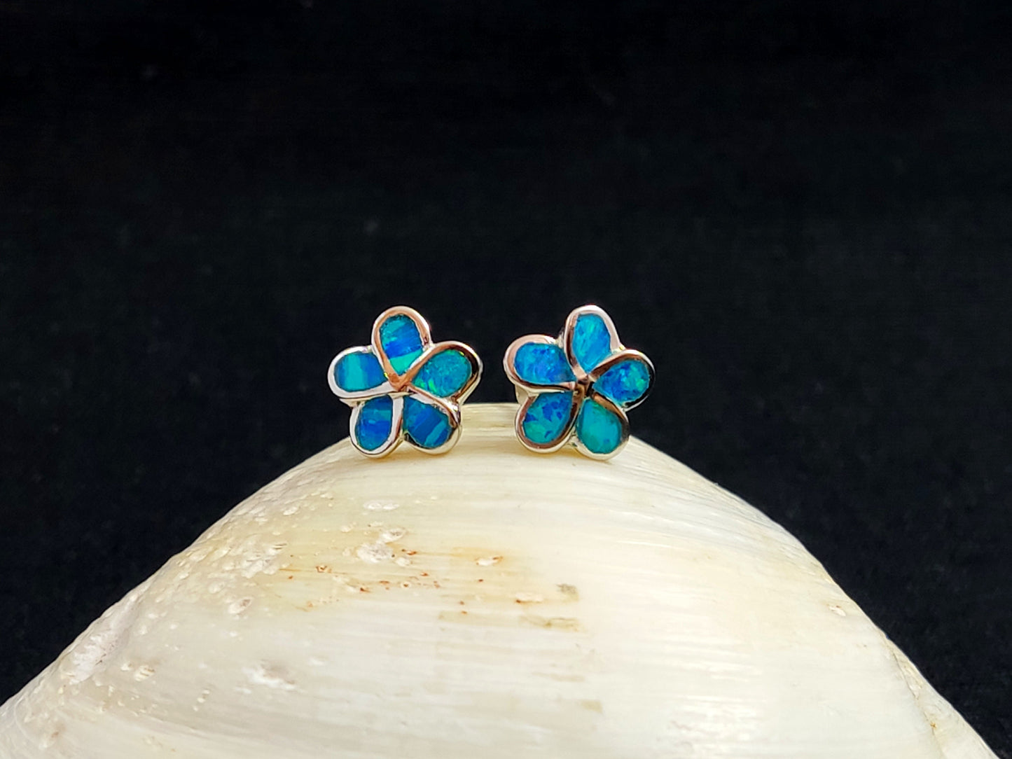Sterling Silver 925 Flower Fire Blue Opal Stud Small Earrings 10mm, Opal Hearts Earrings, Greek Kids Women Jewelry, Griechische Ohrringe