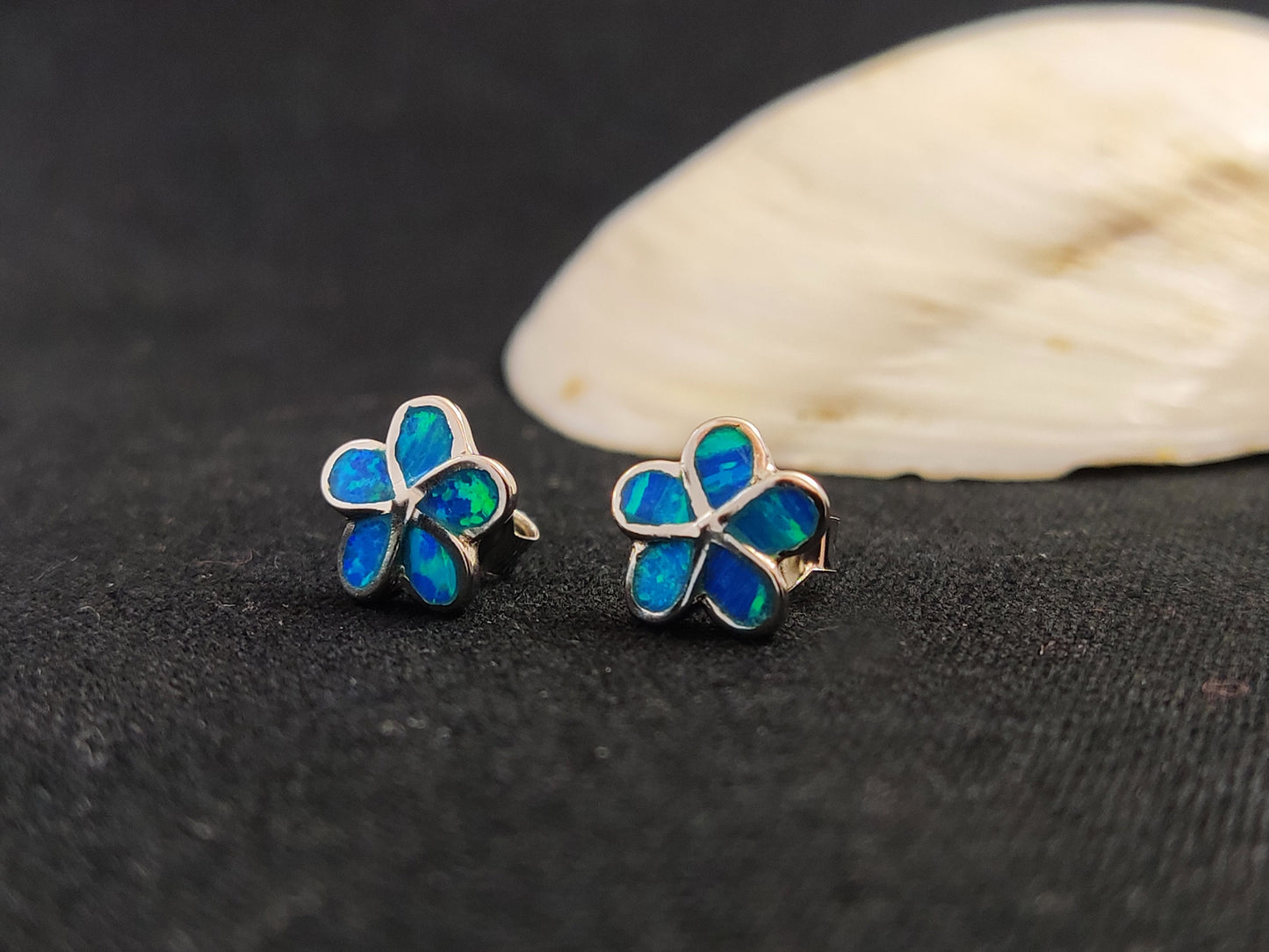 Sterling Silver 925 Flower Fire Blue Opal Stud Small Earrings 10mm, Opal Hearts Earrings, Greek Kids Women Jewelry, Griechische Ohrringe