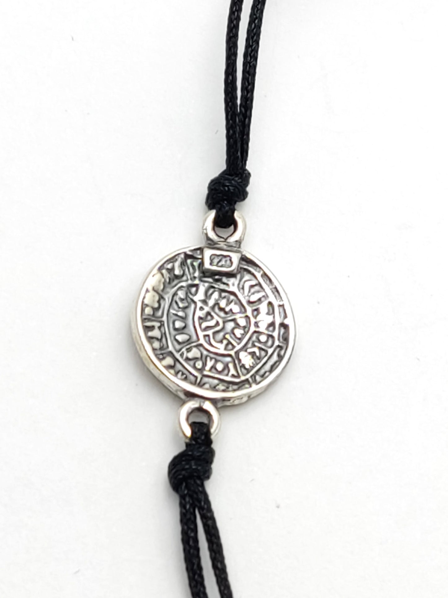 Sterling Silver 925 Ancient Greek Minoan Phaistos Disc 10mm Black Cord Adjustable Bracelet , Phaistos Disc Armband, Bijoux Grecque