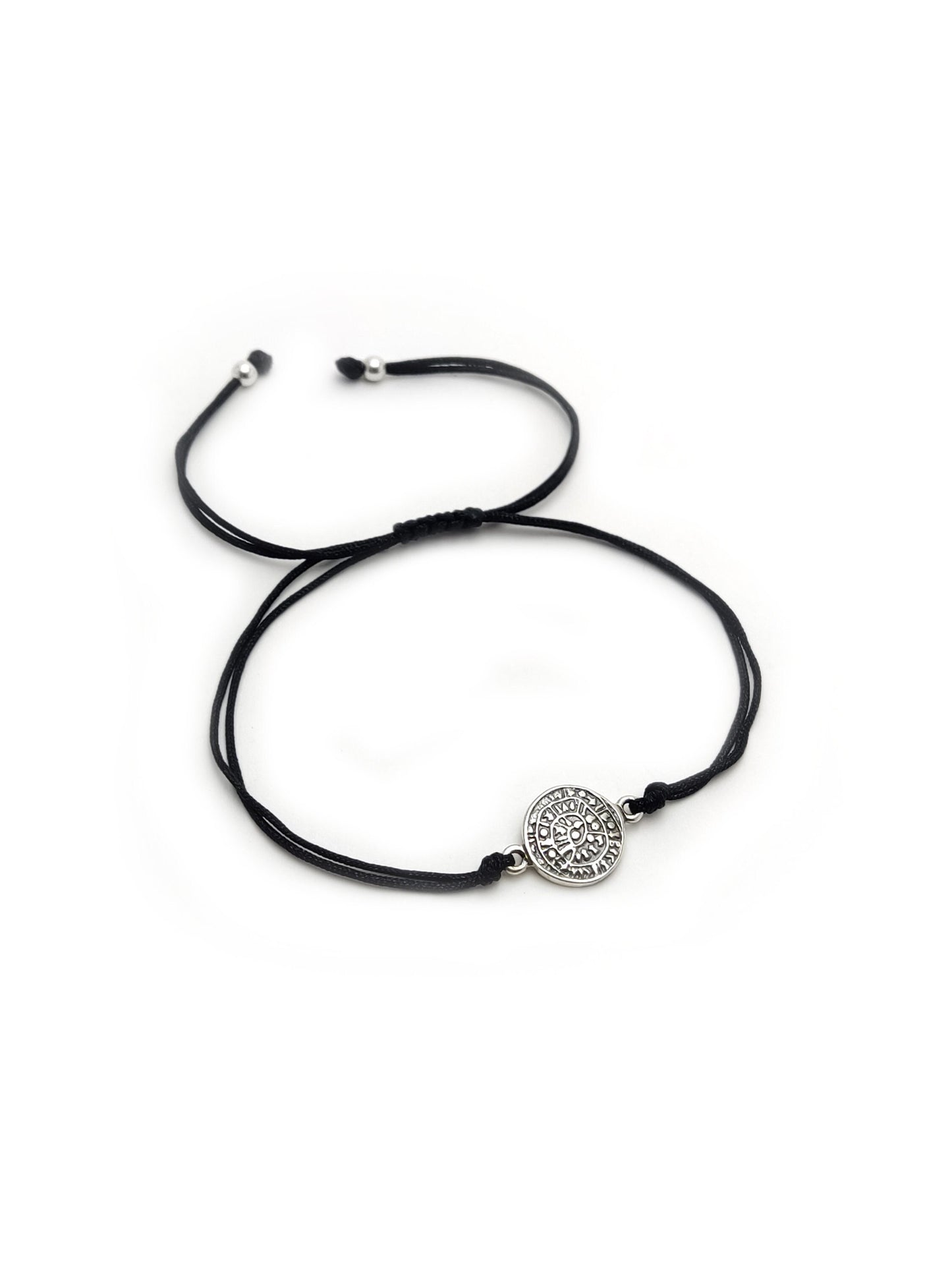 Sterling Silver 925 Ancient Greek Minoan Phaistos Disc 10mm Black Cord Adjustable Bracelet , Phaistos Disc Armband, Bijoux Grecque