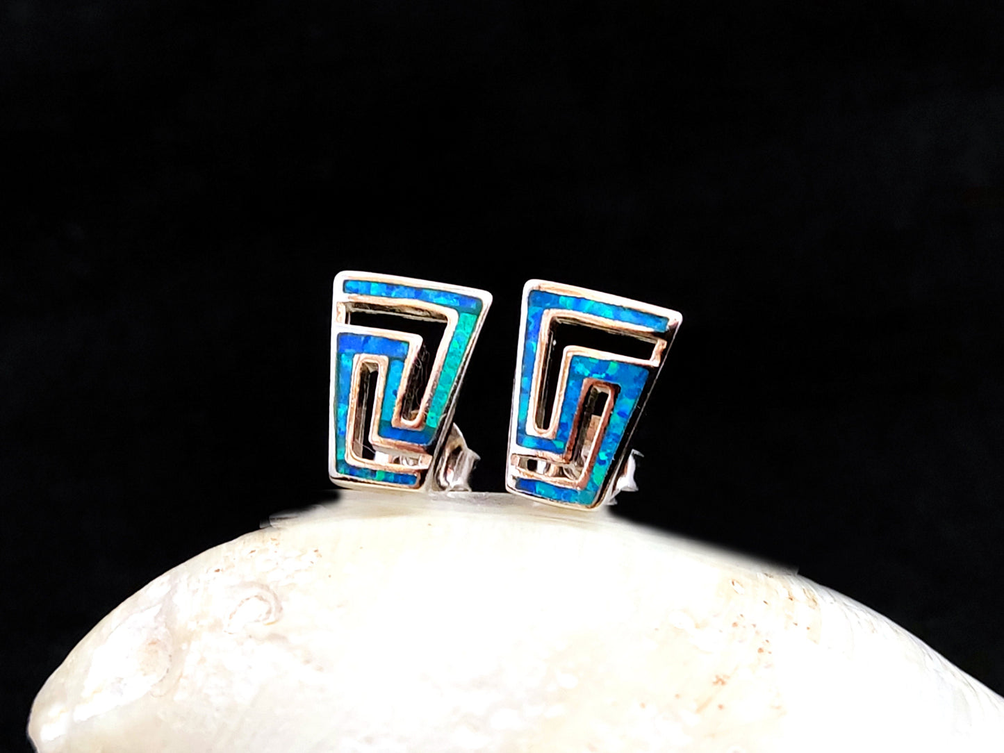 Sterling Silver 925 Greek Fire Blue Opal Stud Gradual Earrings 12x9mm, Greek Opal Square Earrings, Greek Jewelry, Griechischer Opal Ohrringe