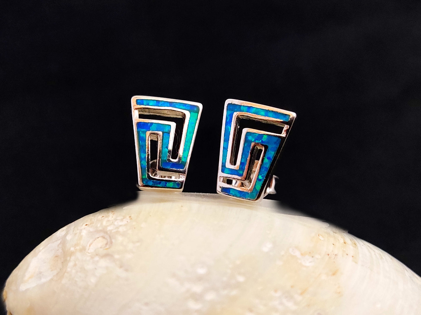 Sterling Silver 925 Greek Fire Blue Opal Stud Gradual Earrings 12x9mm, Greek Opal Square Earrings, Greek Jewelry, Griechischer Opal Ohrringe