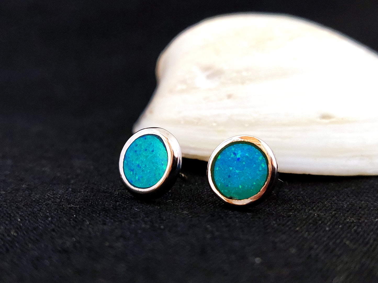 Sterling Silver 925 Round Fire Blue Opal Stud Small Earrings 10mm, Opal Hearts Earrings, Greek Kids Women Jewelry, Griechische Ohrringe