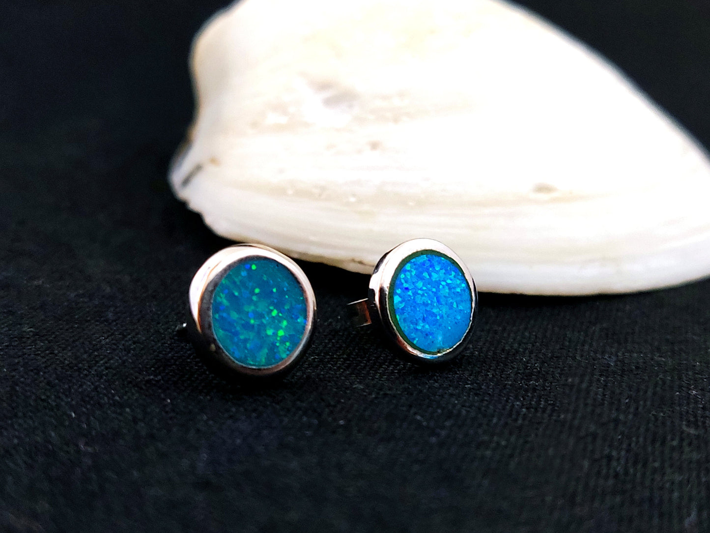 Sterling Silver 925 Round Fire Blue Opal Stud Small Earrings 10mm, Opal Hearts Earrings, Greek Kids Women Jewelry, Griechische Ohrringe