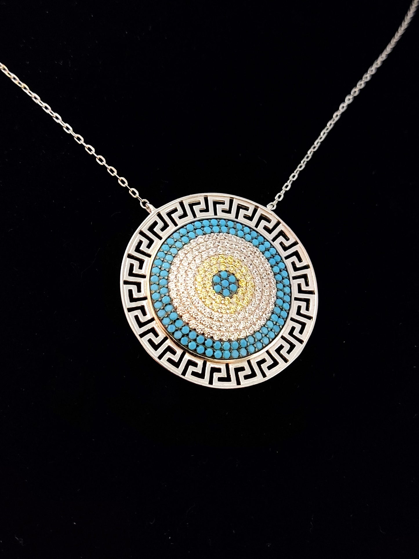 Sterling Silver 925 Greek Evil Eye Mati & Meander Big Pendant 30mm Necklace, Turquoise Micropave Evil Eye Jewelry, Good Luck Mati