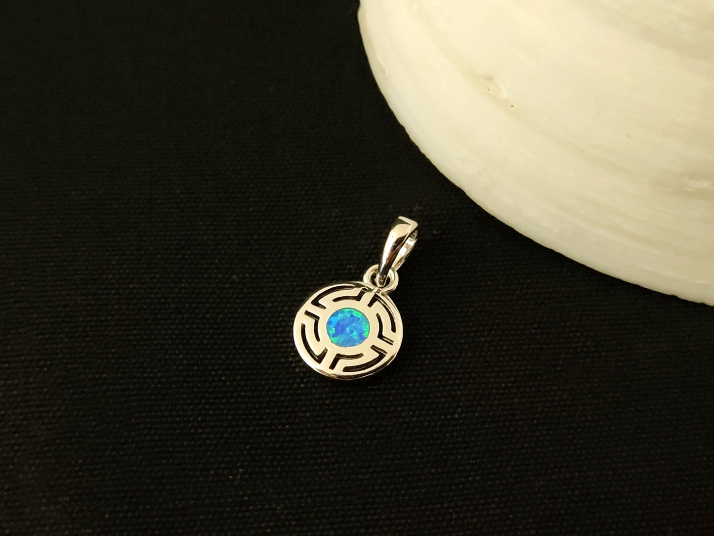Sterling Silver 925 Fire Rainbow Blue Opal Greek Meander Small Round Pendant 10mm, Ancient Greek Round Infinity Opal Pendant, Opal Jewelry
