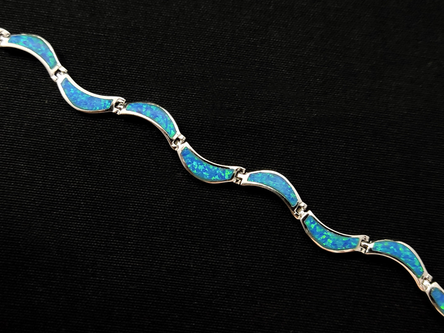 Sterling Silver 925 Blue Opal Wave Curved Greek Bracelet, Opal Bracelet, Griechischer Silber Blau Opal Stein Armband, Bracelet Grecque Opal