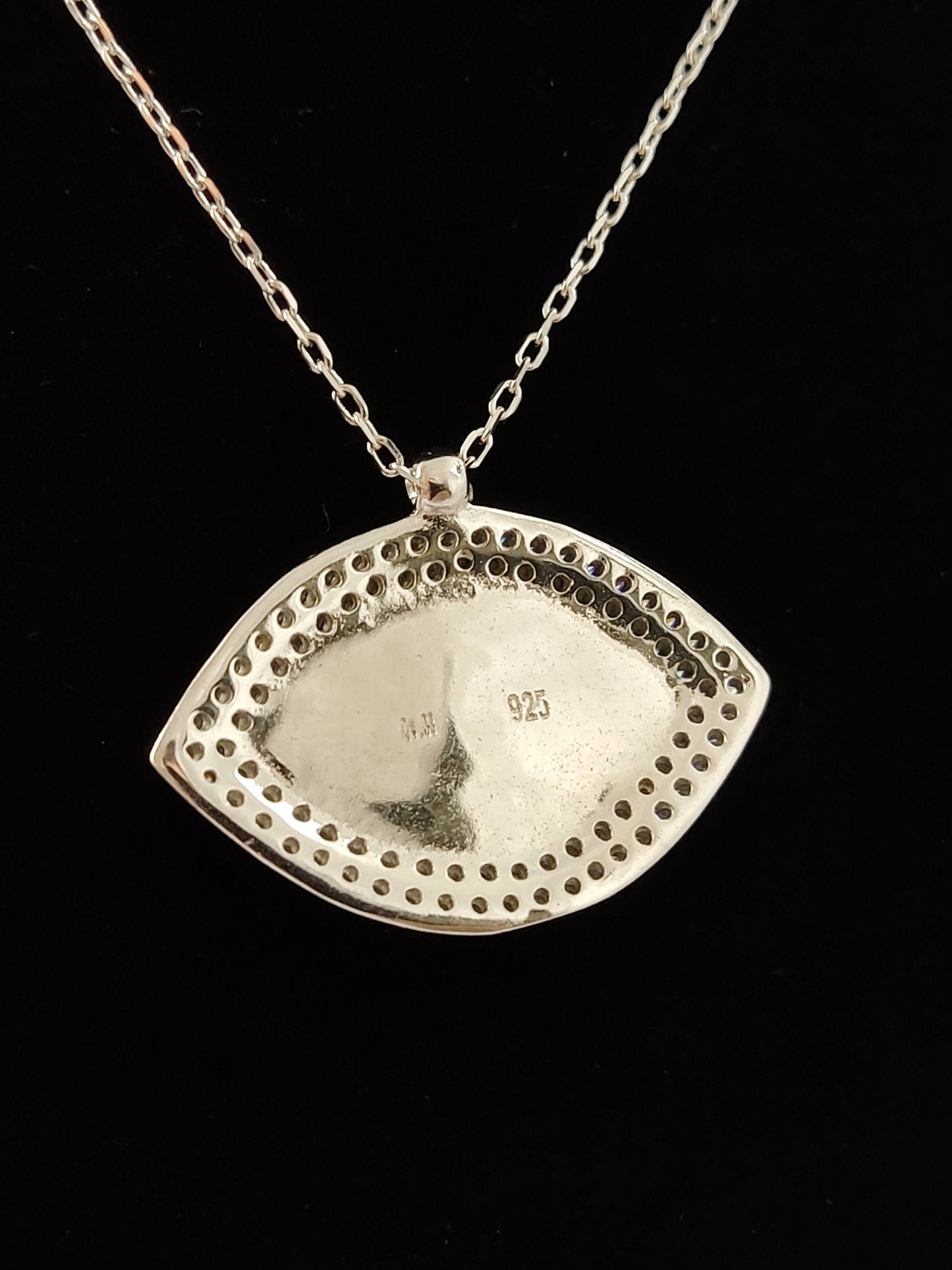 Sterling Silver 925 Greek Evil Eye Mati & Meander Chain Pendant 27x18mm Necklace, Ename Crystals Evil Eye Jewelry, Good Luck Mati