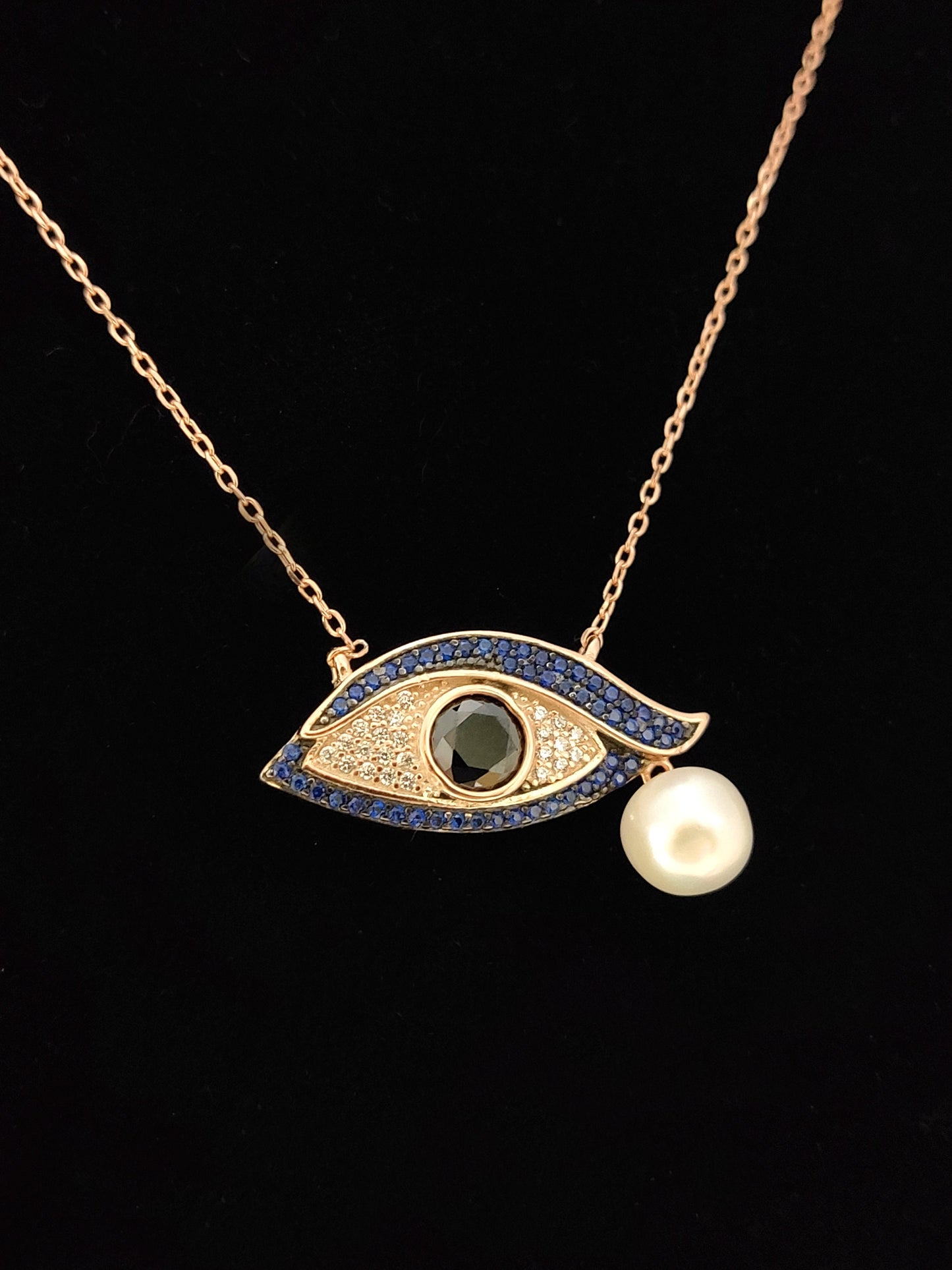 Sterling Silver 925 Greek Evil Eye Mati Rose Gold Plated Chain Pendant 27x12mm Necklace, Enamel Crystals Evil Eye Jewelry, Good Luck Mati